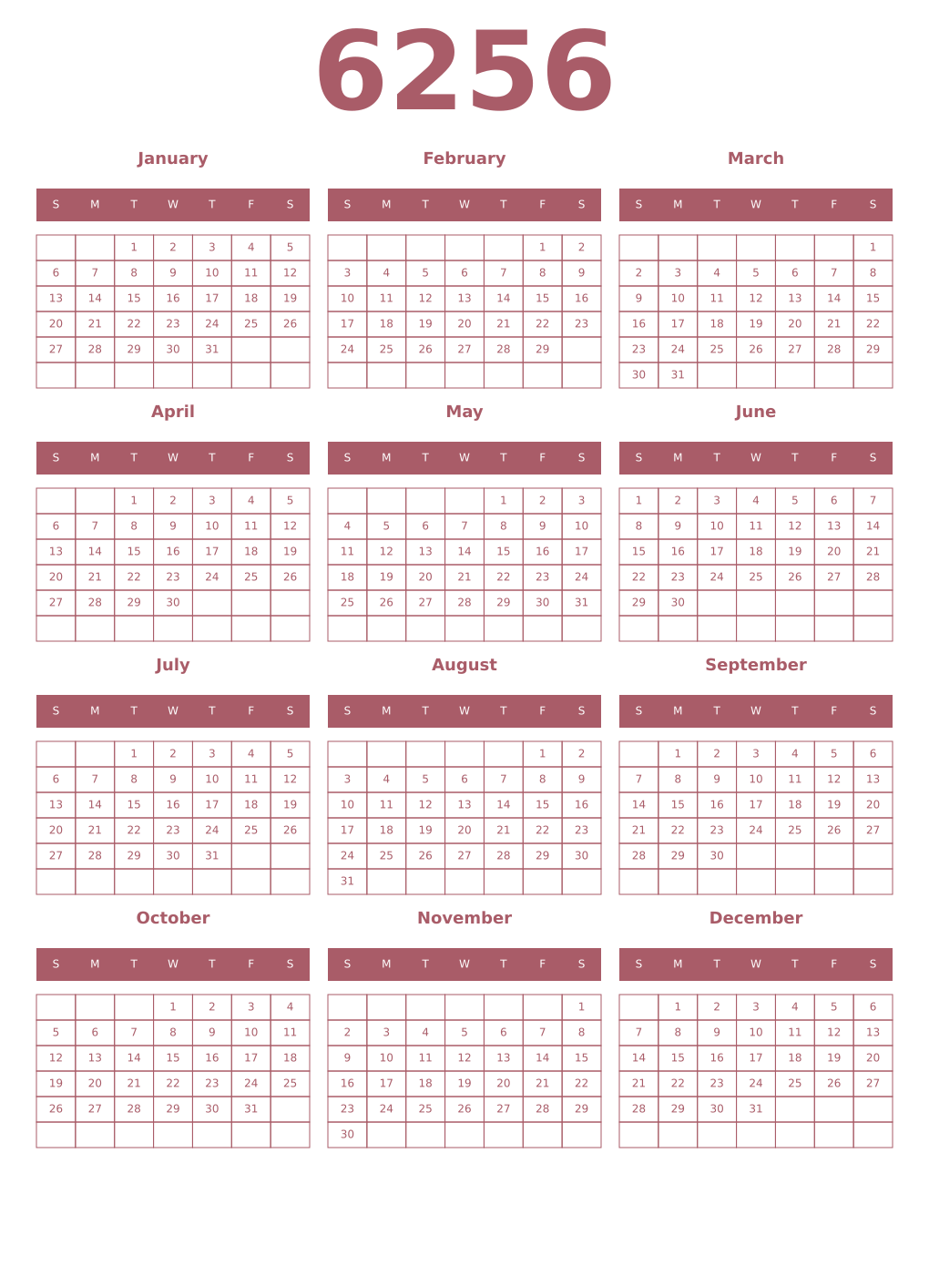 Printable 6256 Year Calendars puce