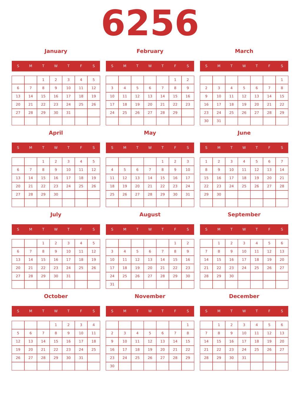 Printable 6256 Year Calendars red