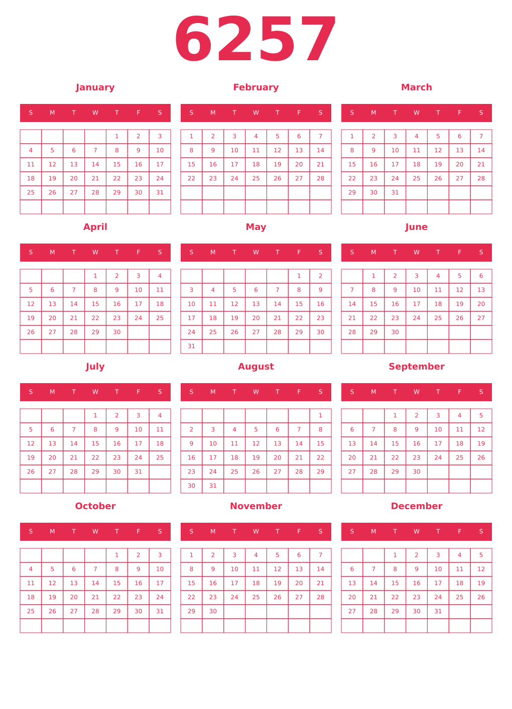 Printable 6257 Year Calendars amaranth