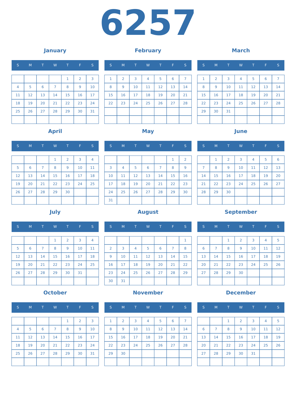 Printable 6257 Year Calendars blue