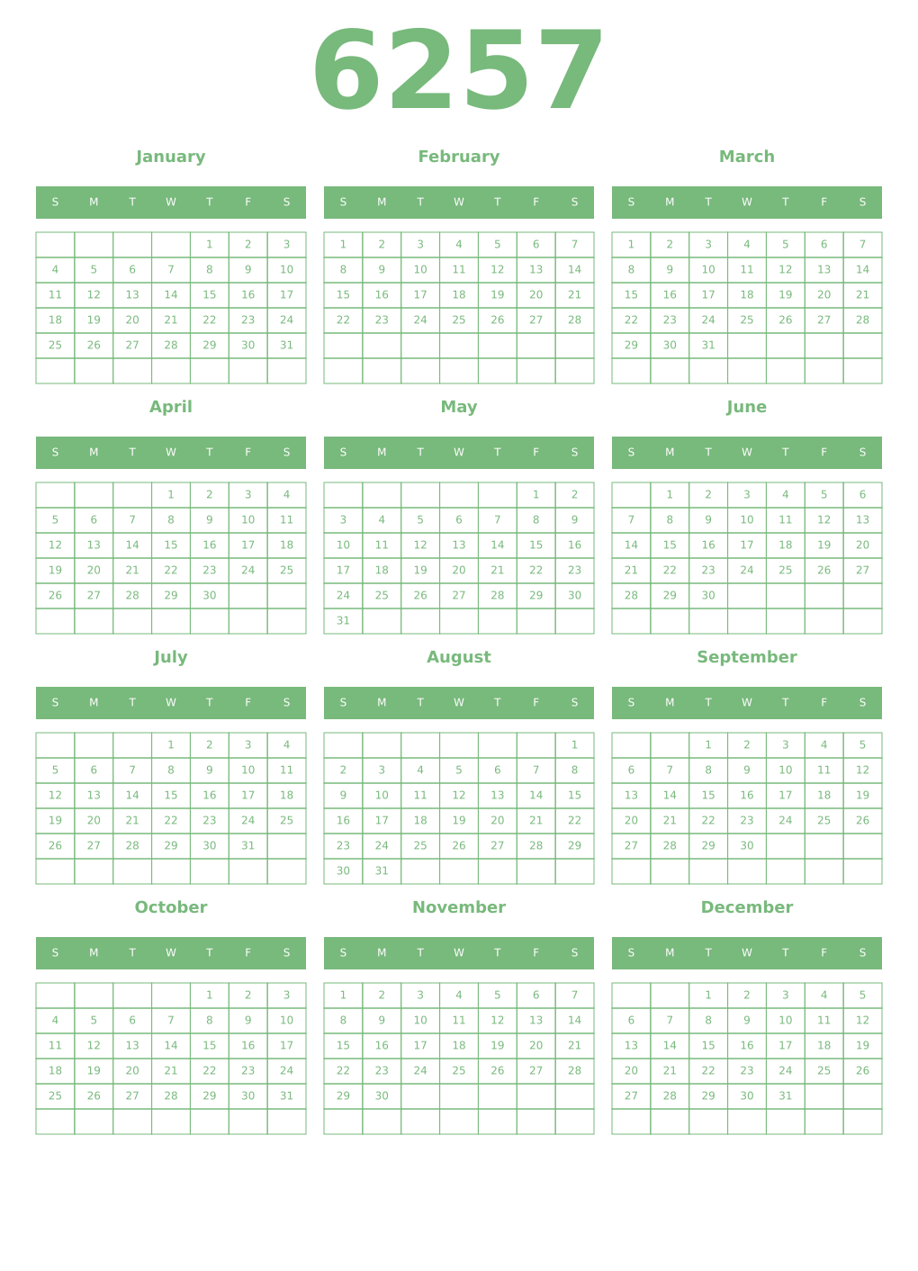 Printable 6257 Year Calendars celadon