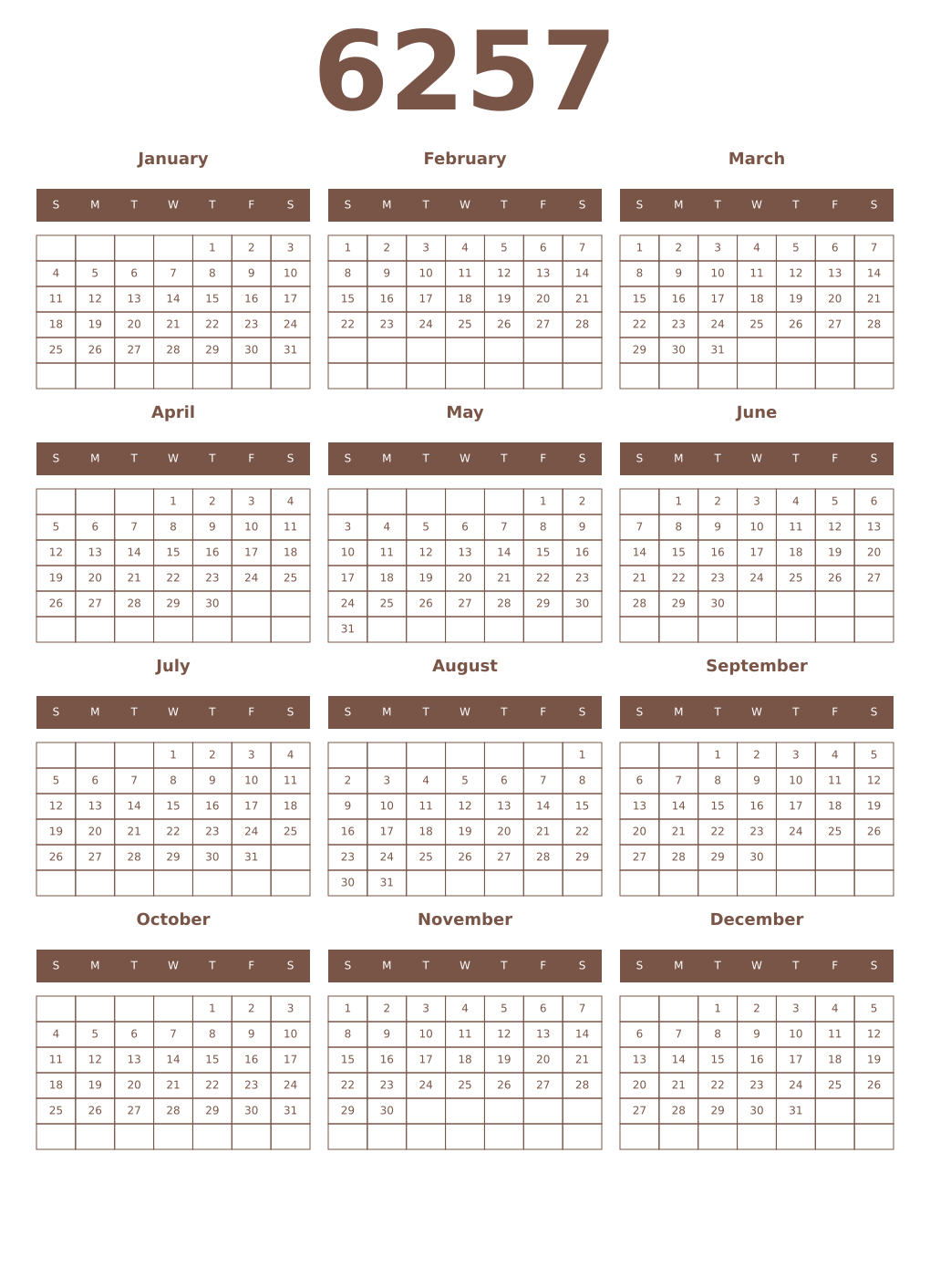 Printable 6257 Year Calendars coffe