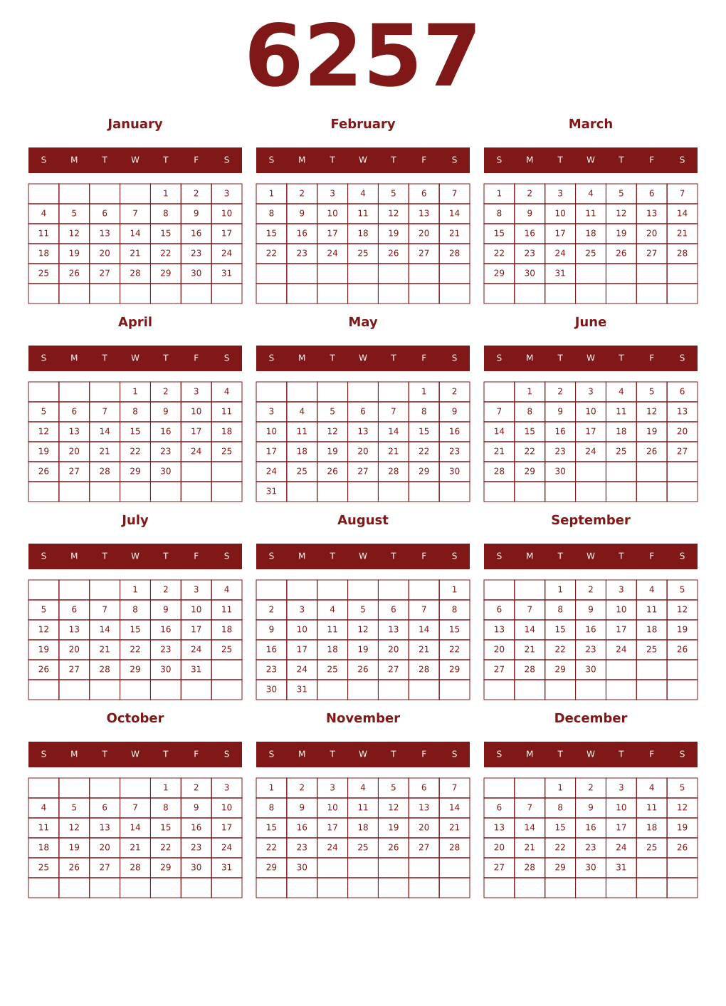Printable 6257 Year Calendars falu