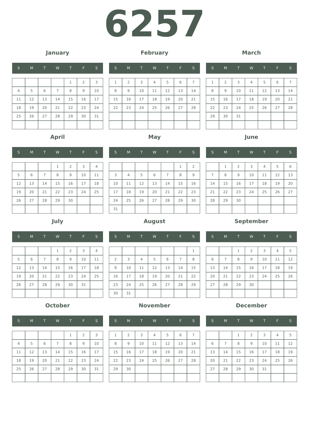 Printable 6257 Year Calendars feldgrau