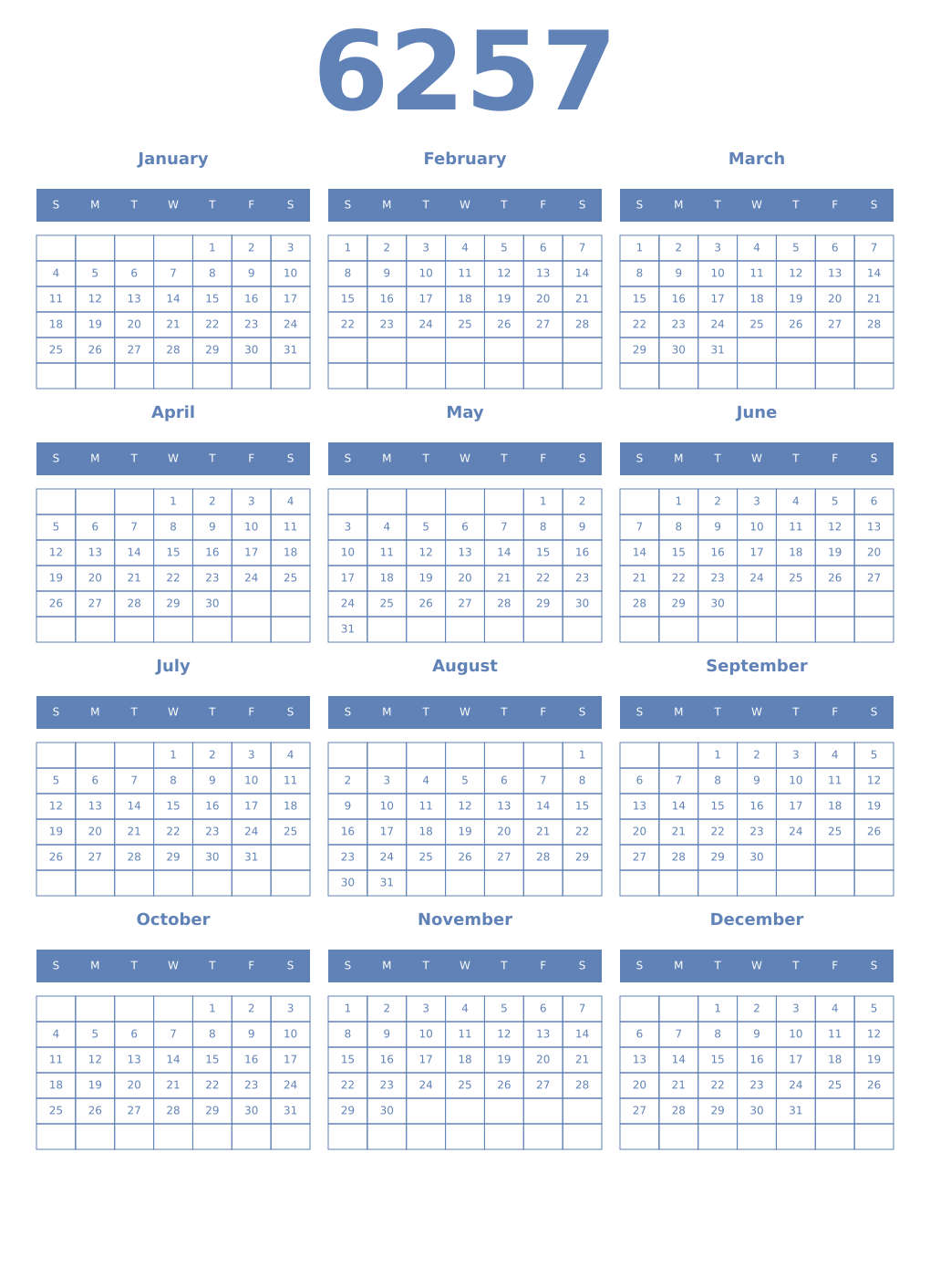 Printable 6257 Year Calendars glaucous