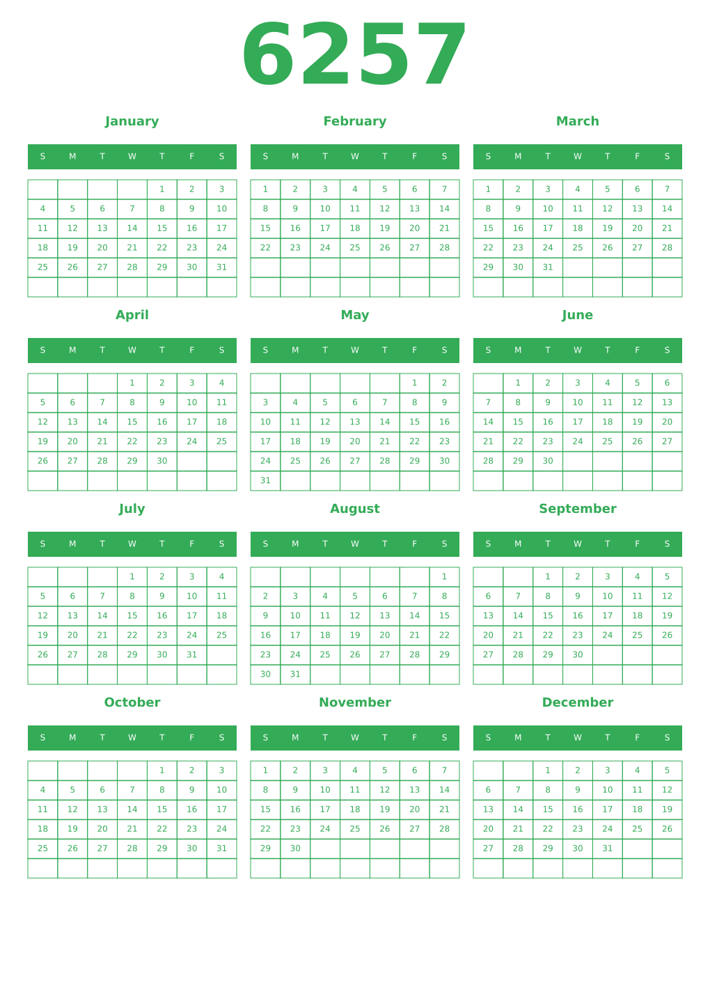 Printable 6257 Year Calendars green