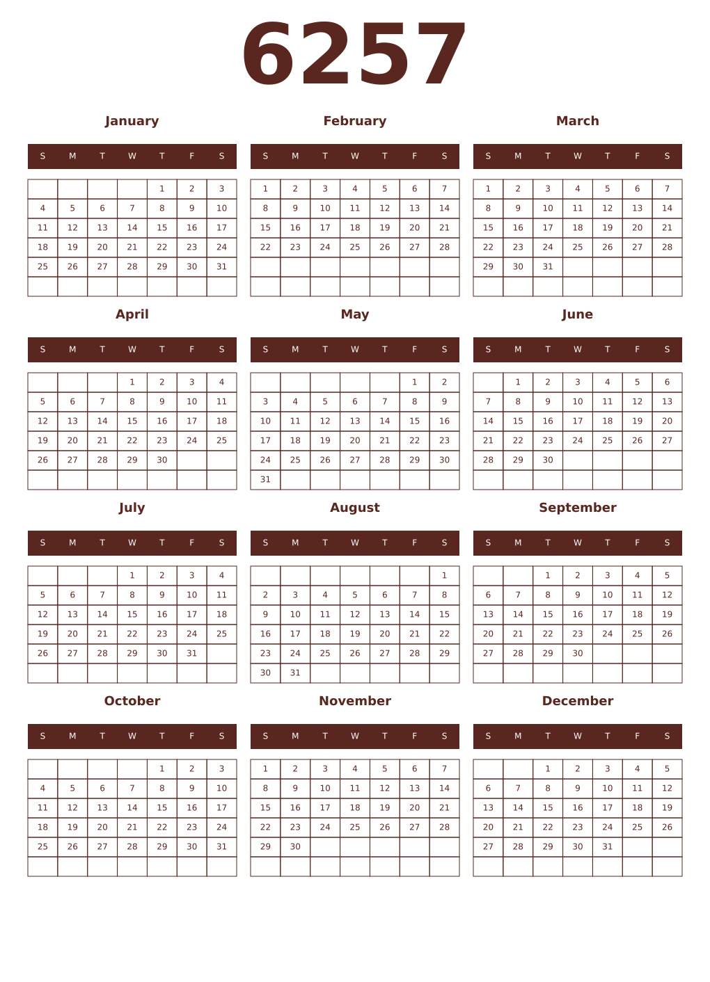 Printable 6257 Year Calendars mortuum