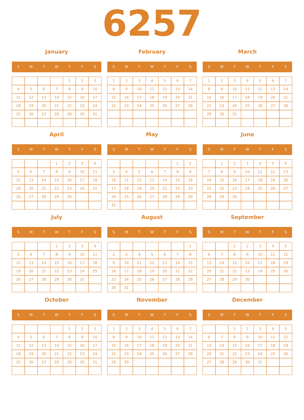 Printable 6257 Year Calendars orange