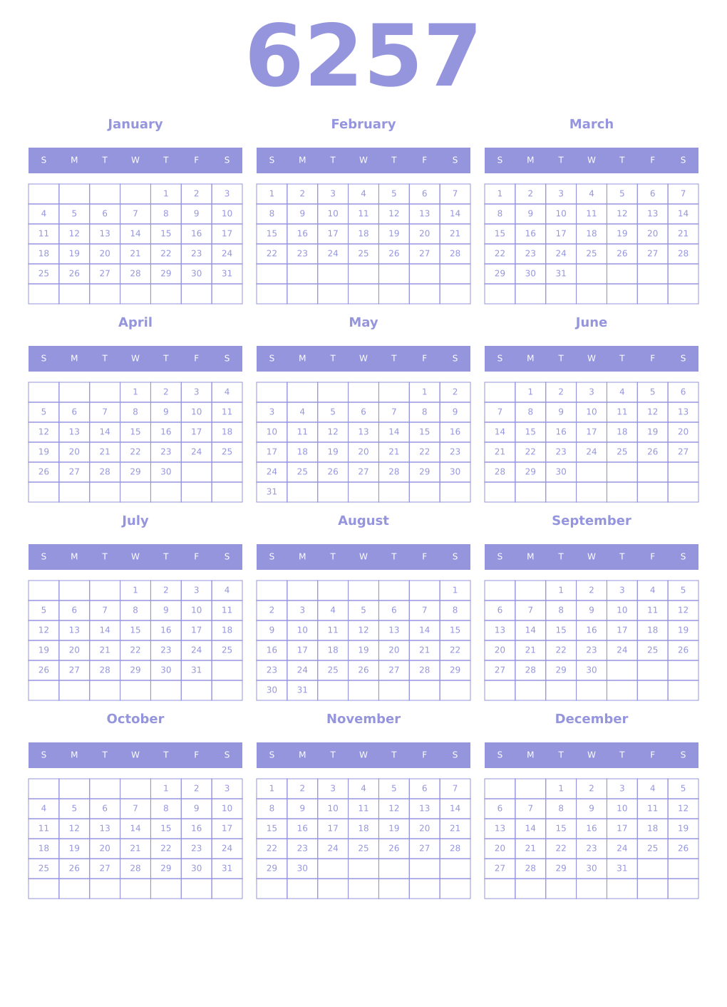 Printable 6257 Year Calendars periwinkle