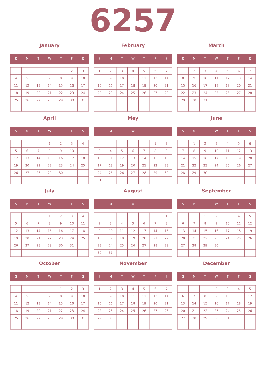 Printable 6257 Year Calendars puce