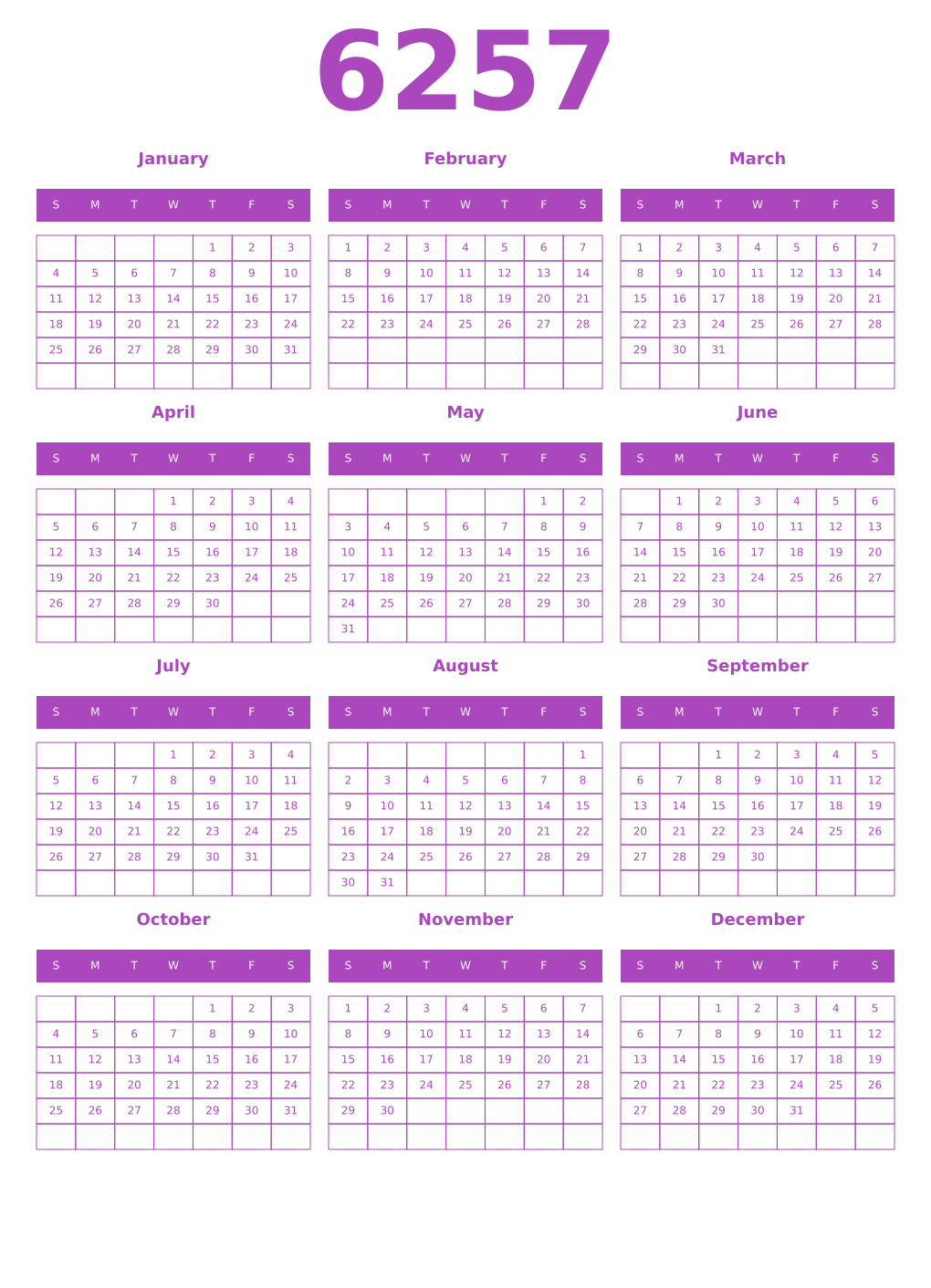 Printable 6257 Year Calendars purple