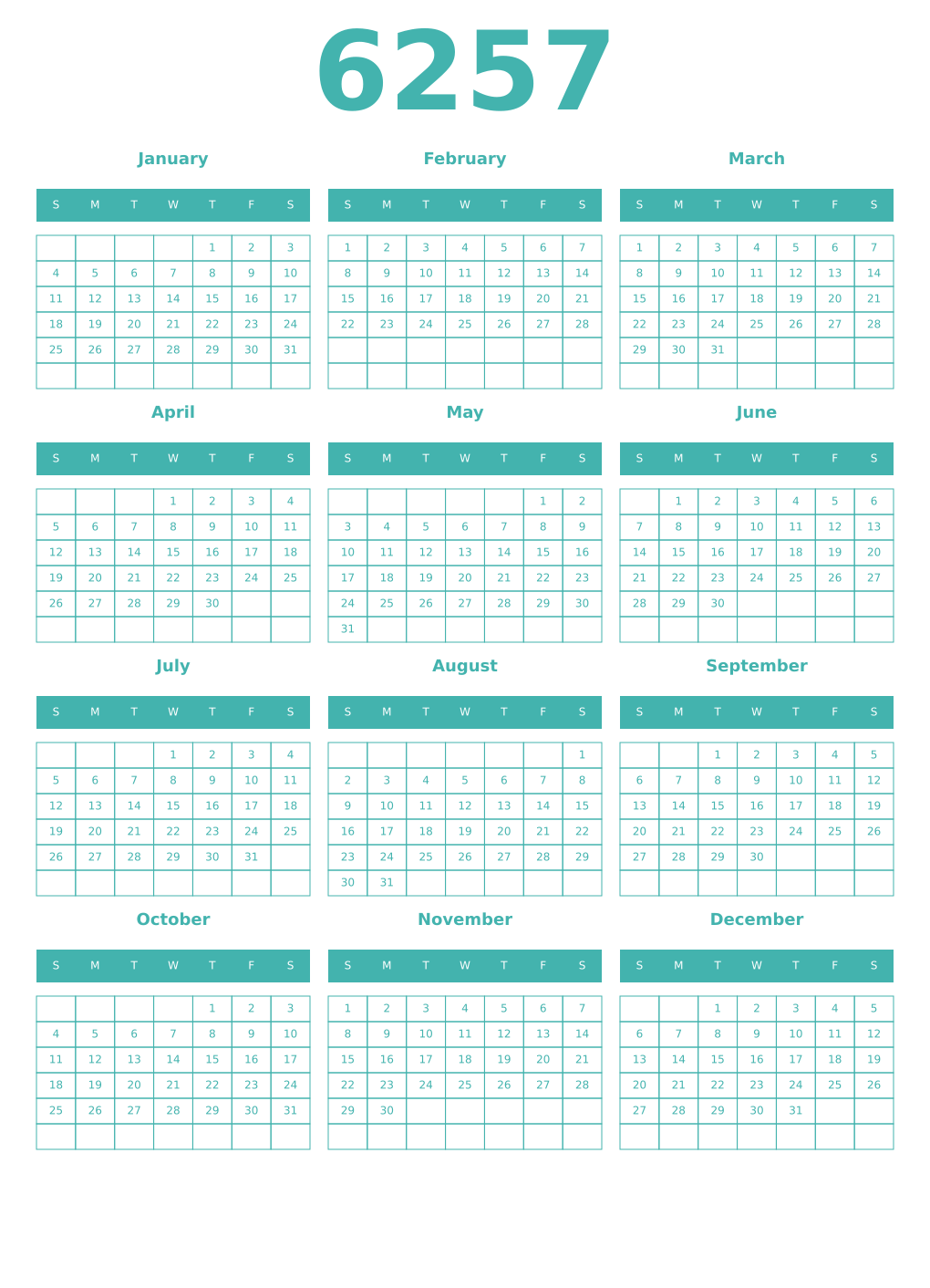 Printable 6257 Year Calendars verdigris