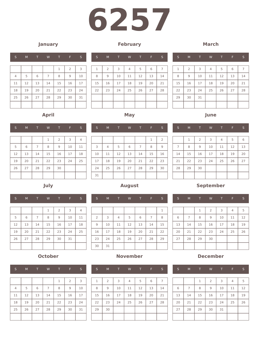 Printable 6257 Year Calendars wenge