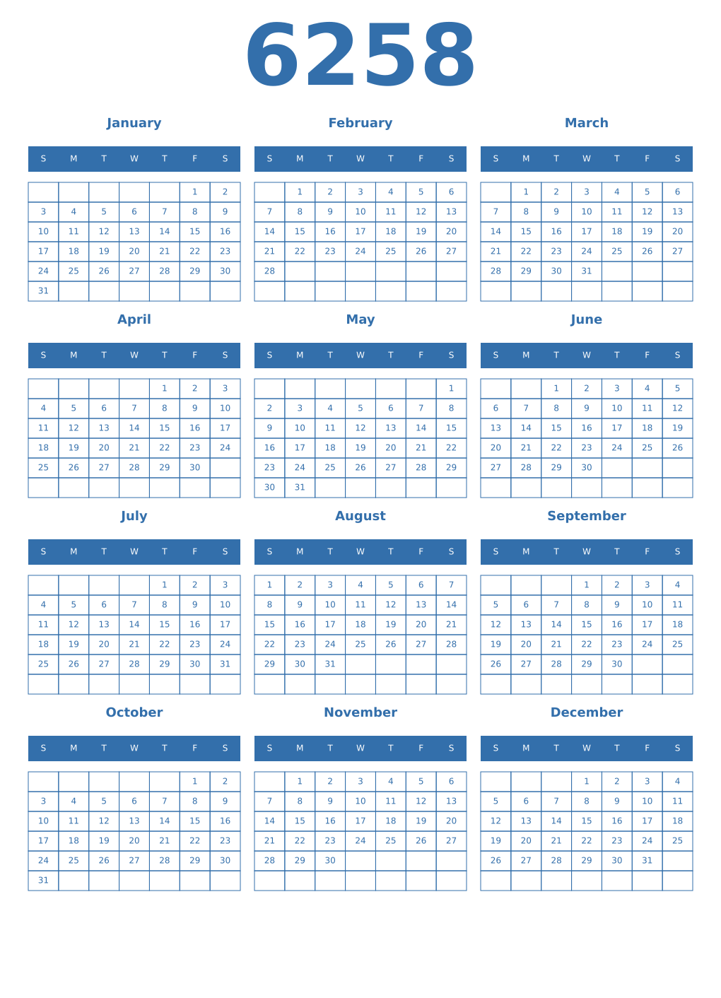 Printable 6258 Year Calendars blue