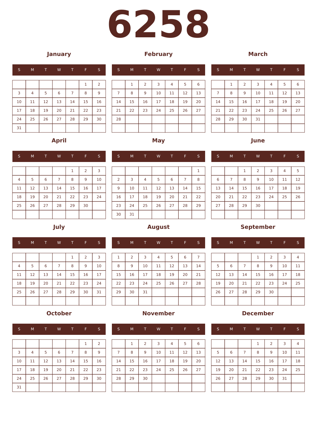 Printable 6258 Year Calendars mortuum