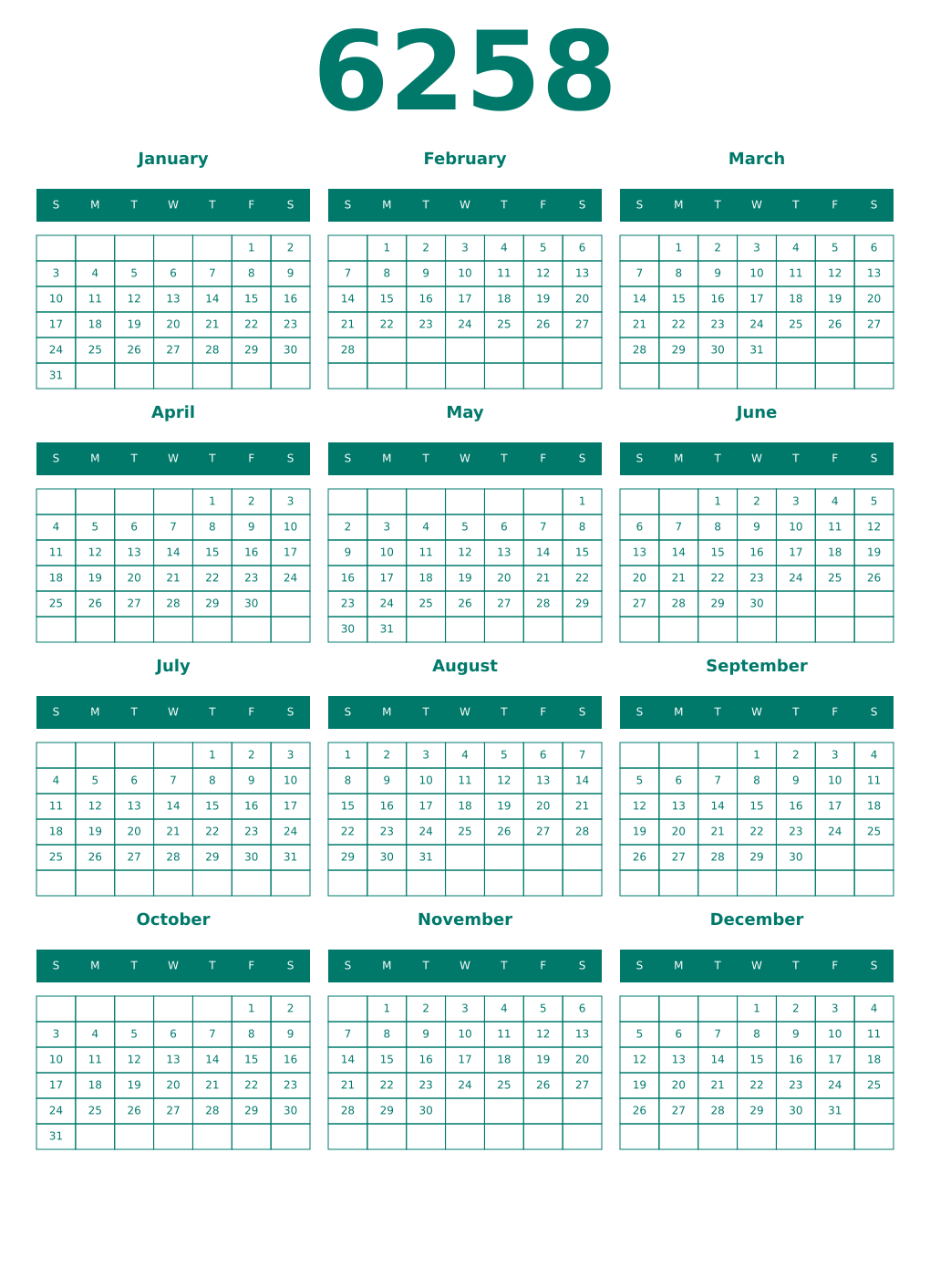 Printable 6258 Year Calendars pastel