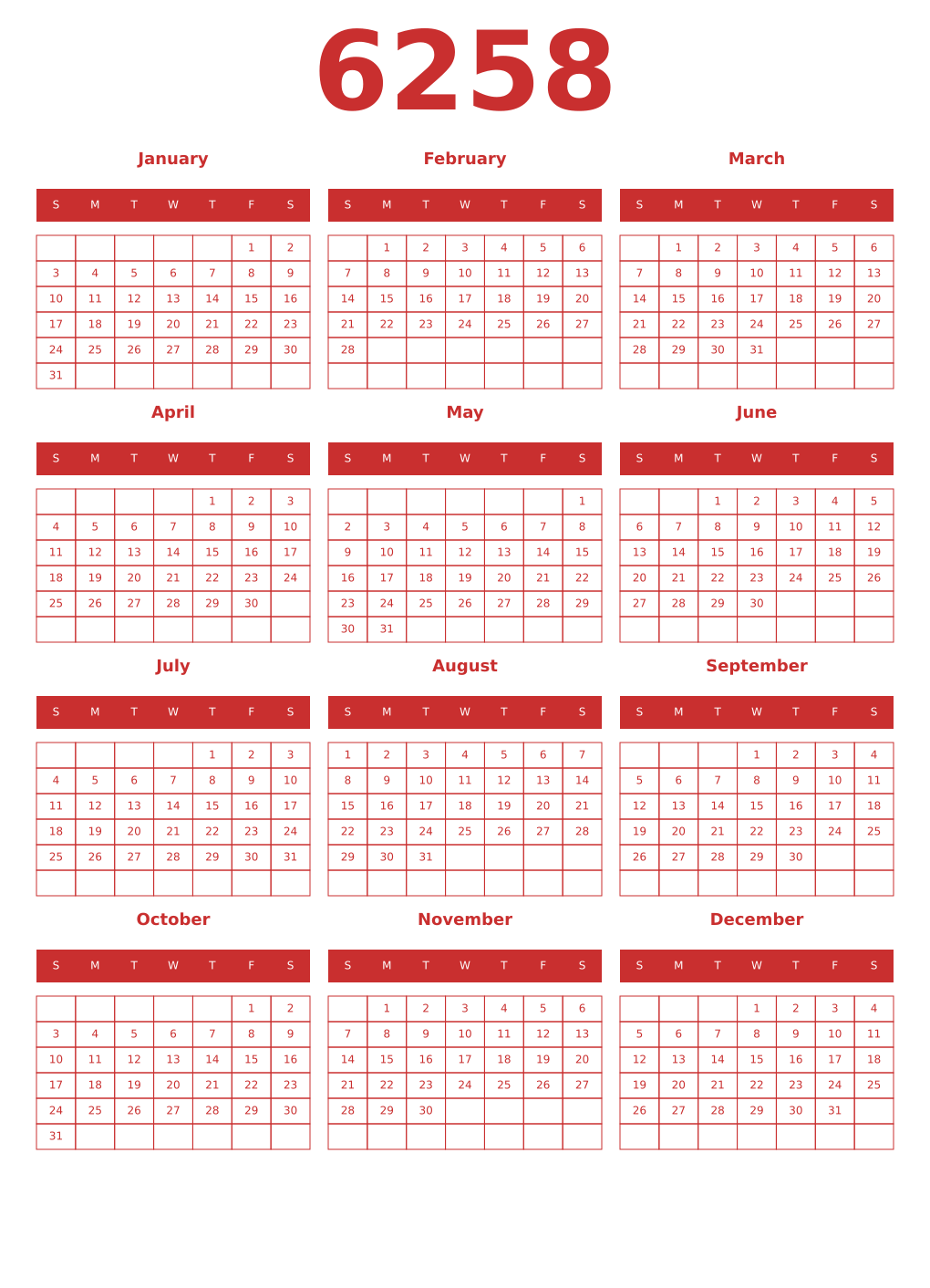 Printable 6258 Year Calendars red