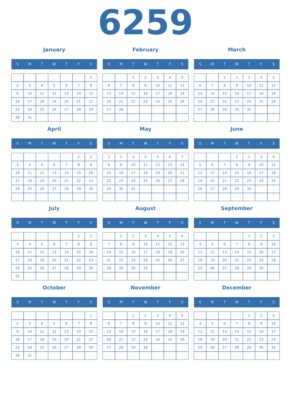 Printable 6259 Year Calendars blue