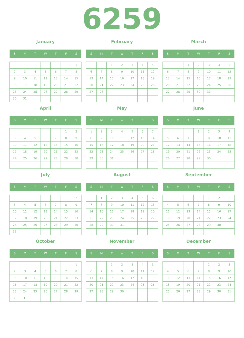 Printable 6259 Year Calendars celadon