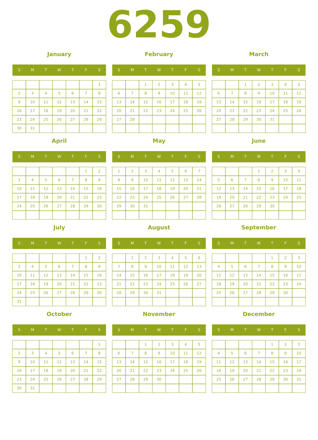 Printable 6259 Year Calendars chartreuse
