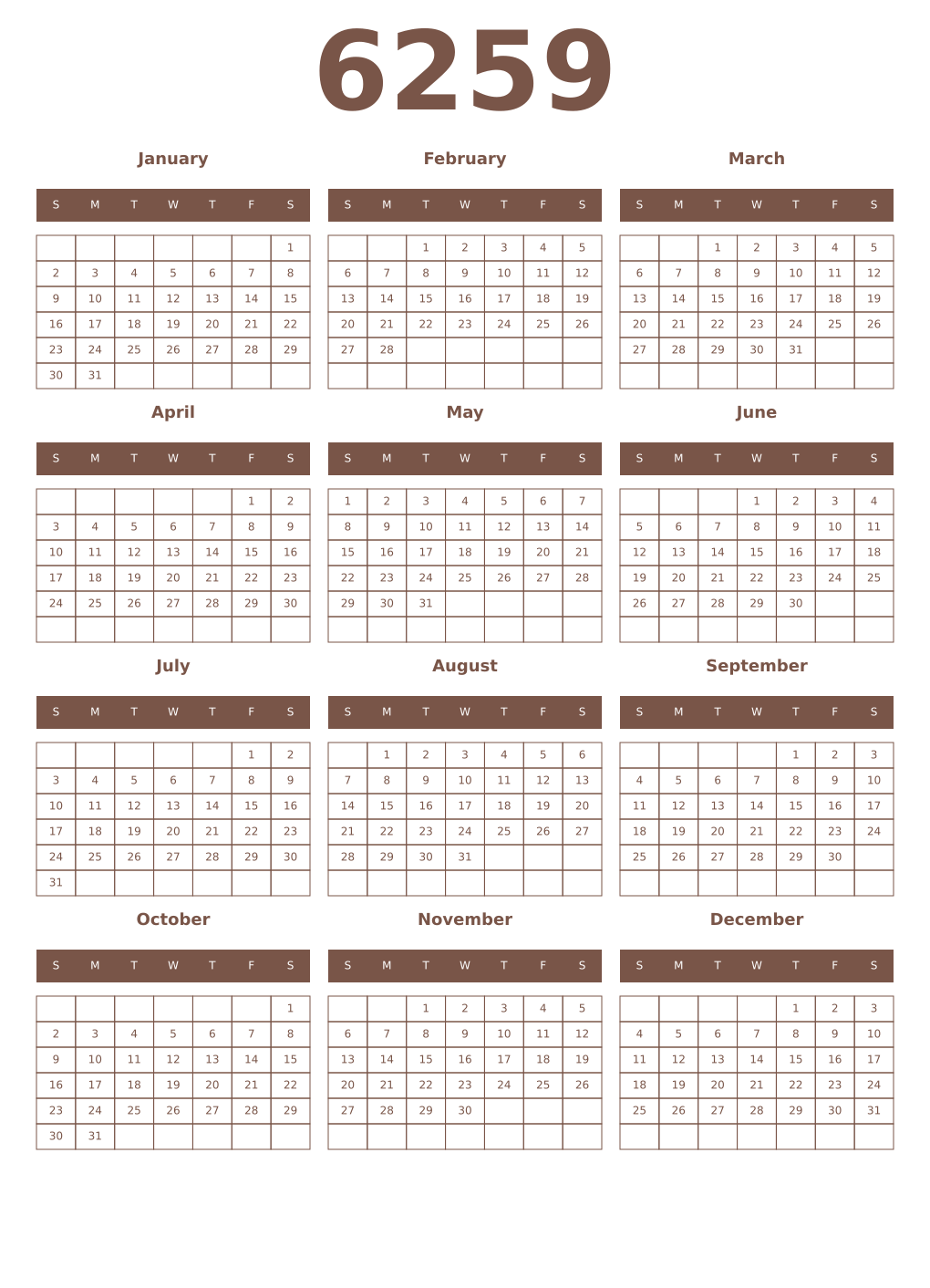 Printable 6259 Year Calendars coffe