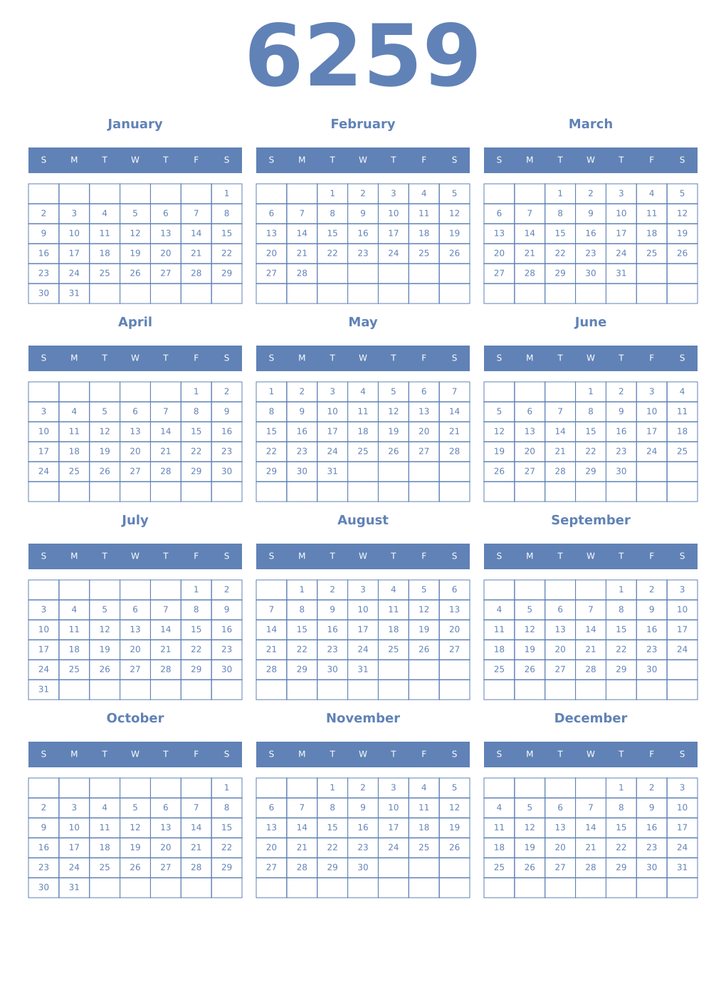 Printable 6259 Year Calendars glaucous