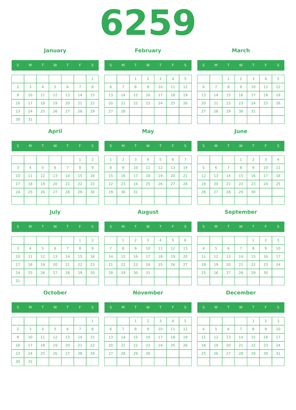 Printable 6259 Year Calendars green