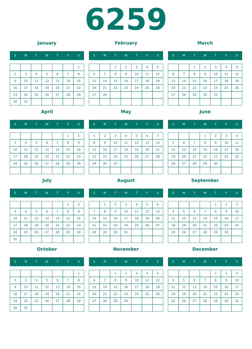 Printable 6259 Year Calendars pastel