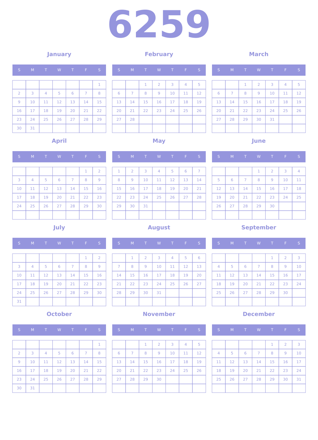 Printable 6259 Year Calendars periwinkle