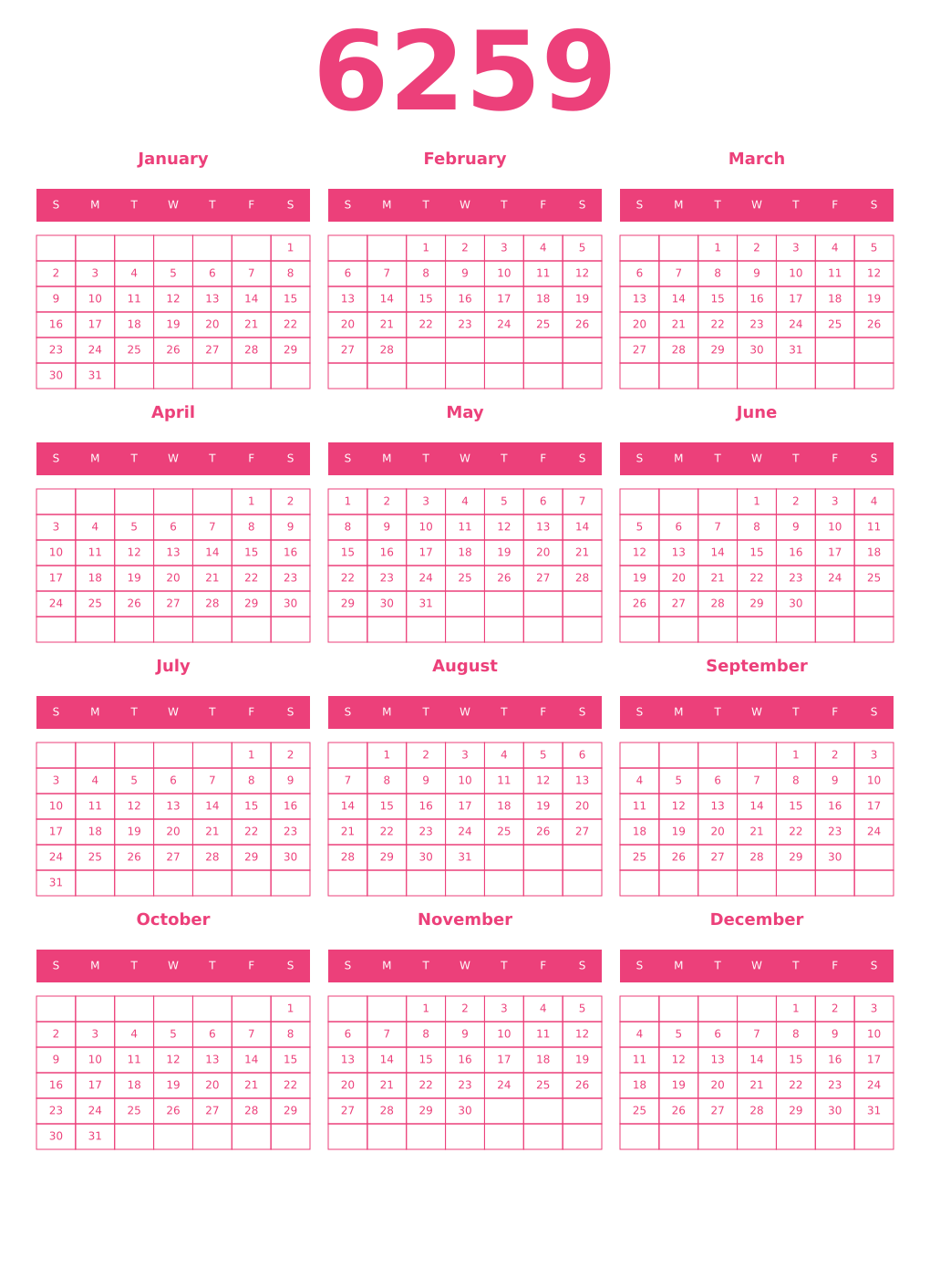 Printable 6259 Year Calendars pink