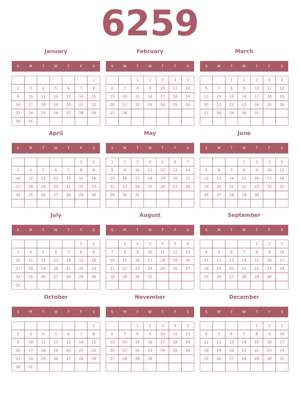Printable 6259 Year Calendars puce