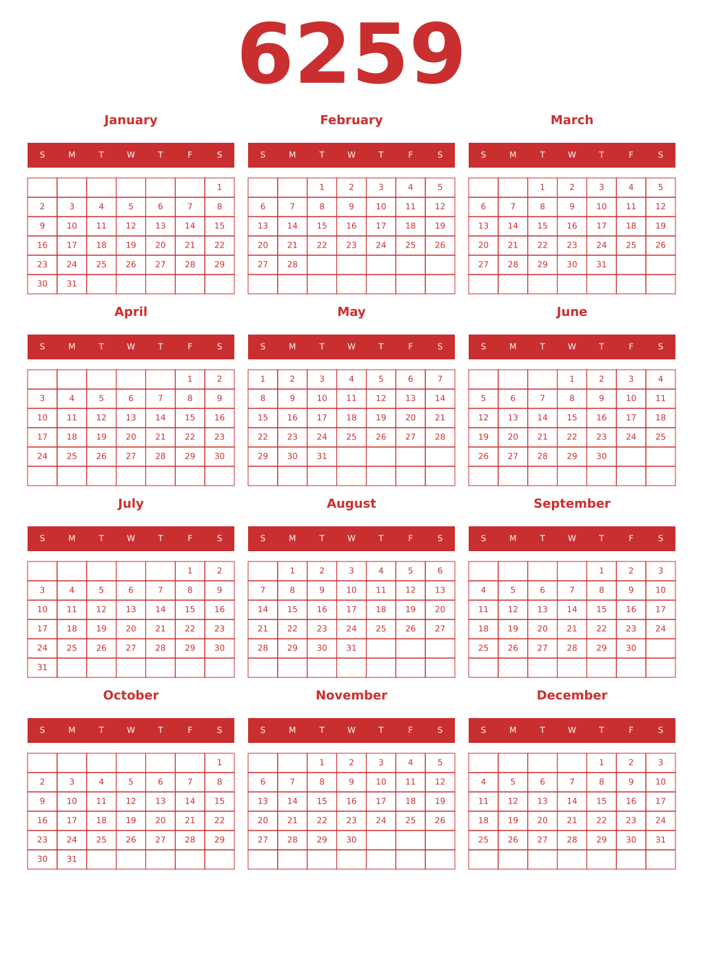 Printable 6259 Year Calendars red