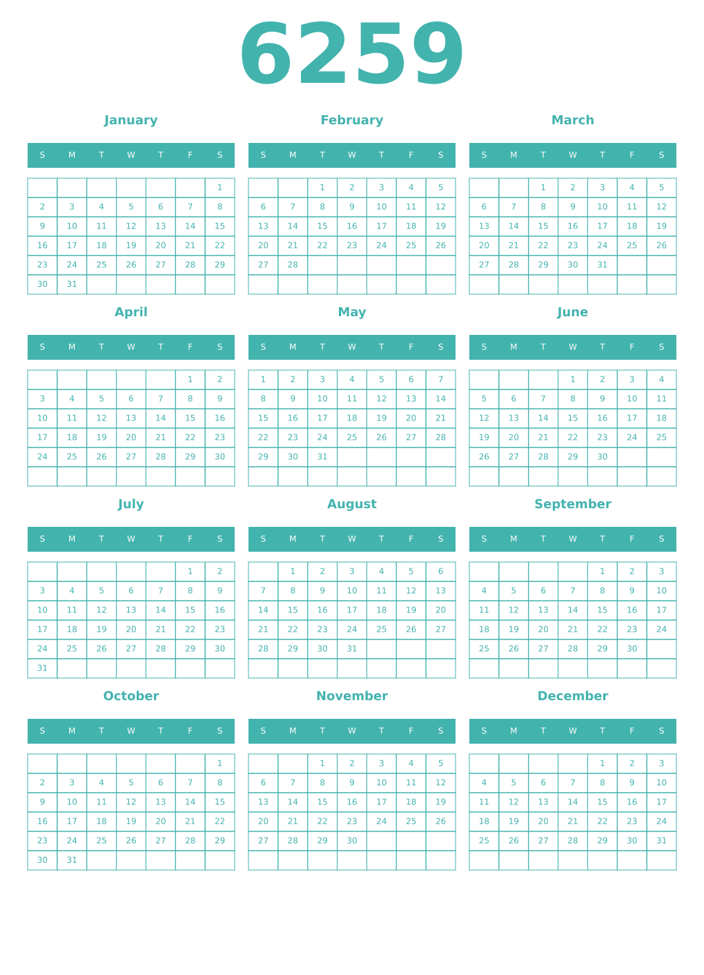 Printable 6259 Year Calendars verdigris