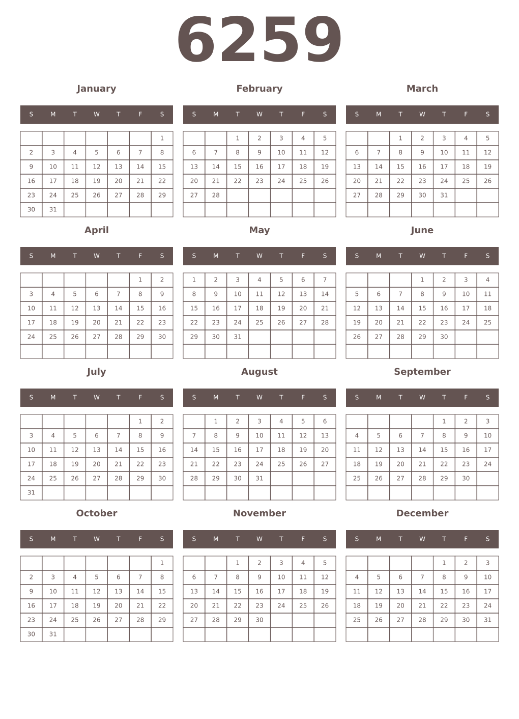 Printable 6259 Year Calendars wenge