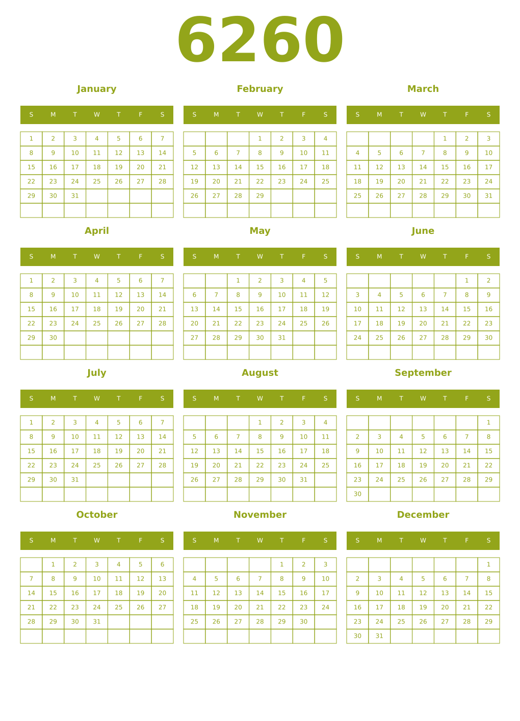 Printable 6260 Year Calendars chartreuse