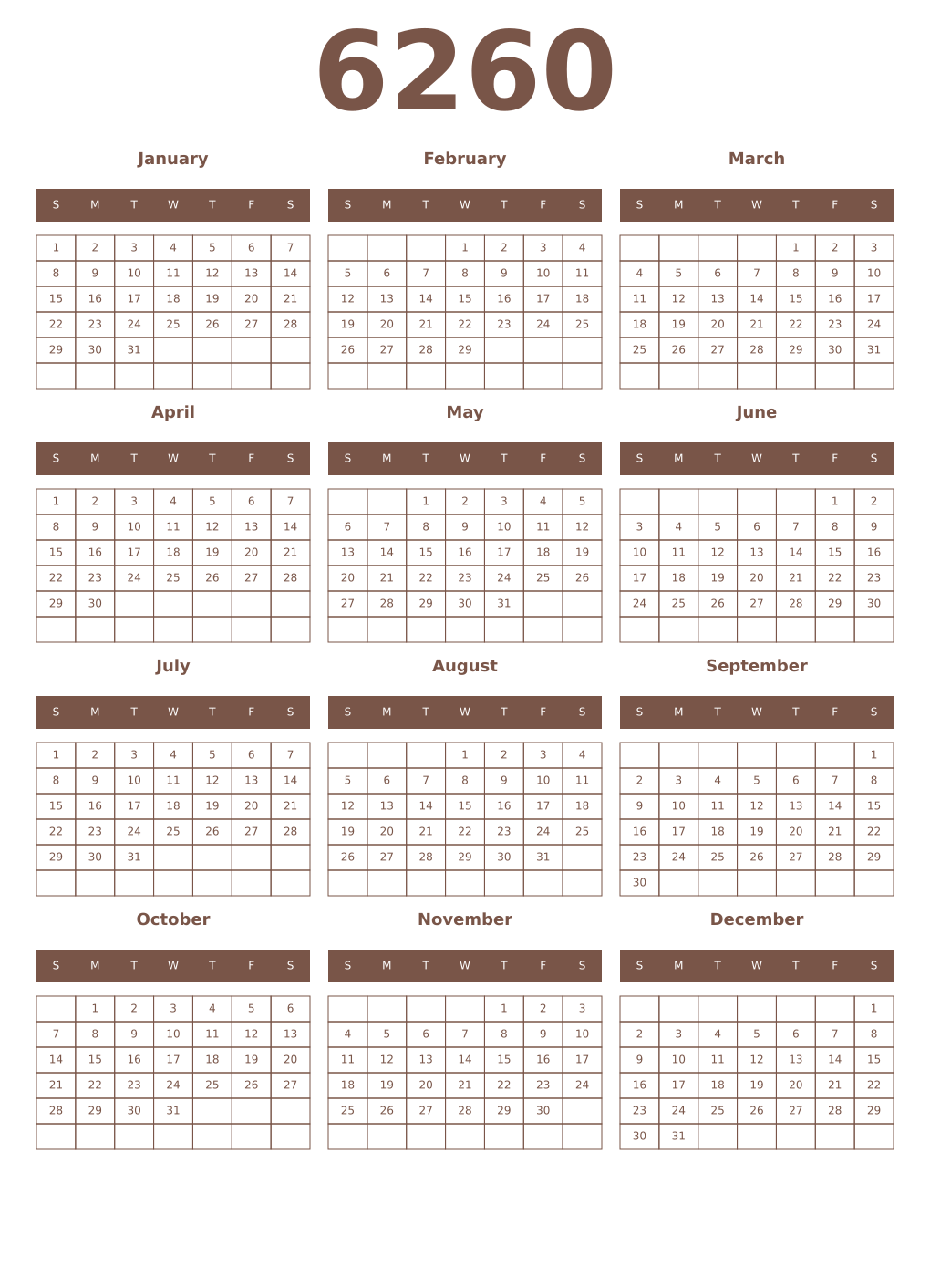 Printable 6260 Year Calendars coffe