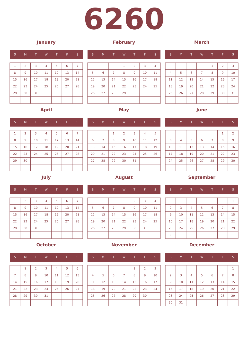 Printable 6260 Year Calendars cordovan