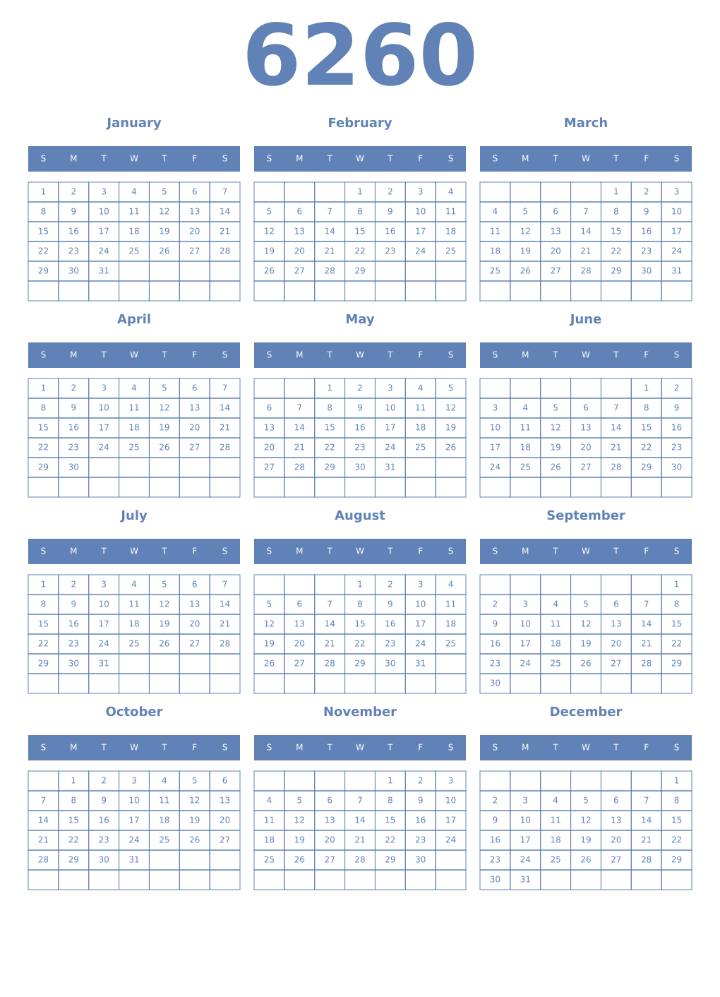 Printable 6260 Year Calendars glaucous