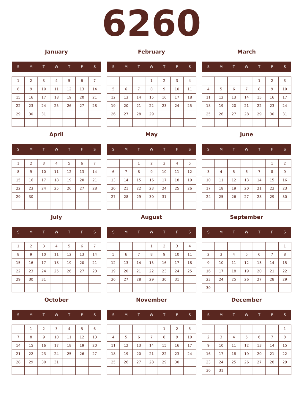 Printable 6260 Year Calendars mortuum
