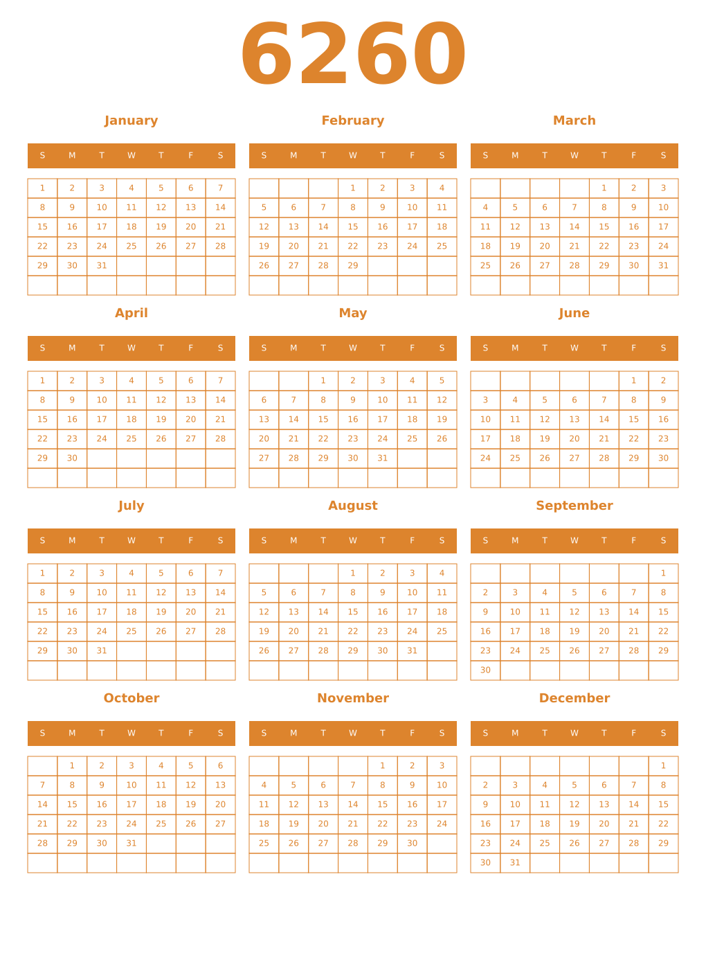 Printable 6260 Year Calendars orange