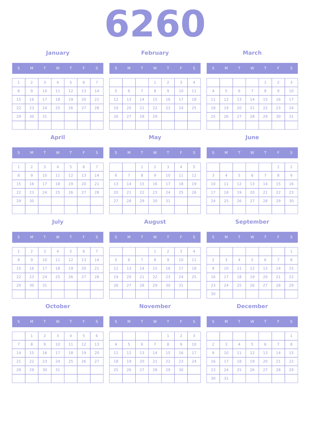 Printable 6260 Year Calendars periwinkle