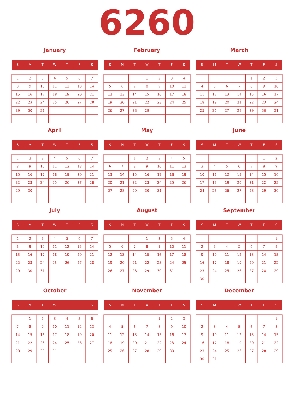 Printable 6260 Year Calendars red
