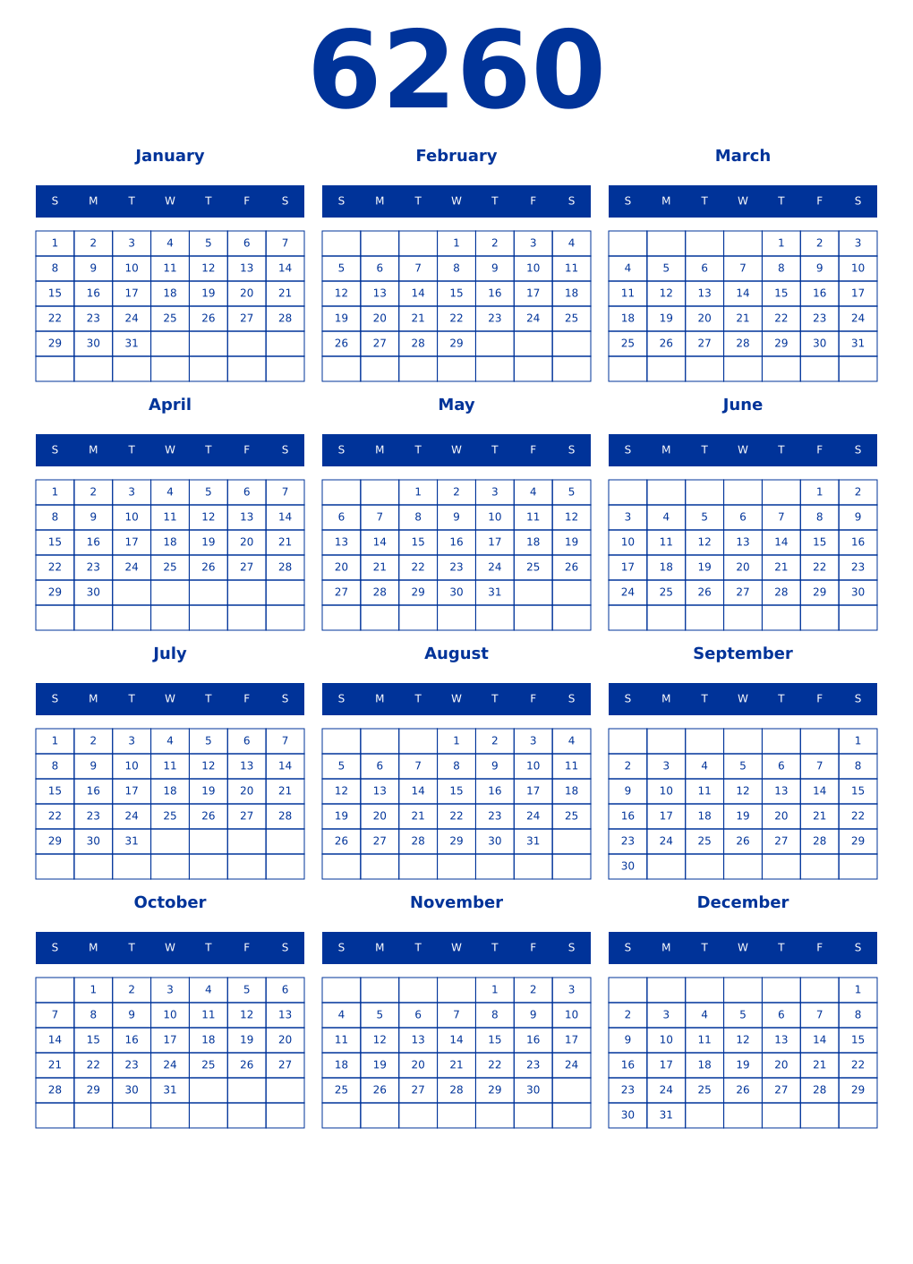 Printable 6260 Year Calendars smalt