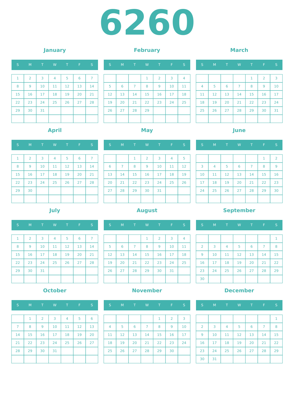 Printable 6260 Year Calendars verdigris