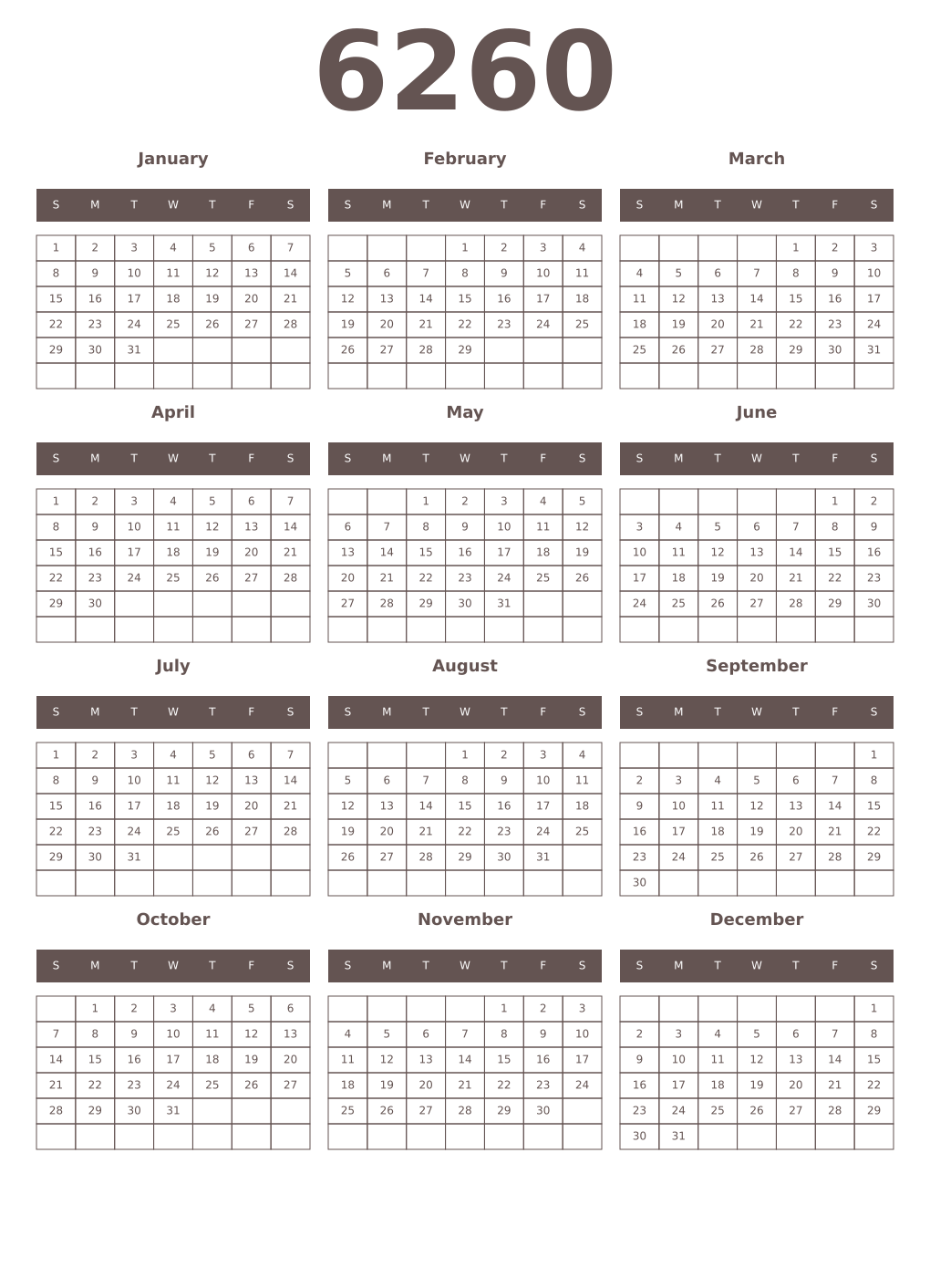 Printable 6260 Year Calendars wenge
