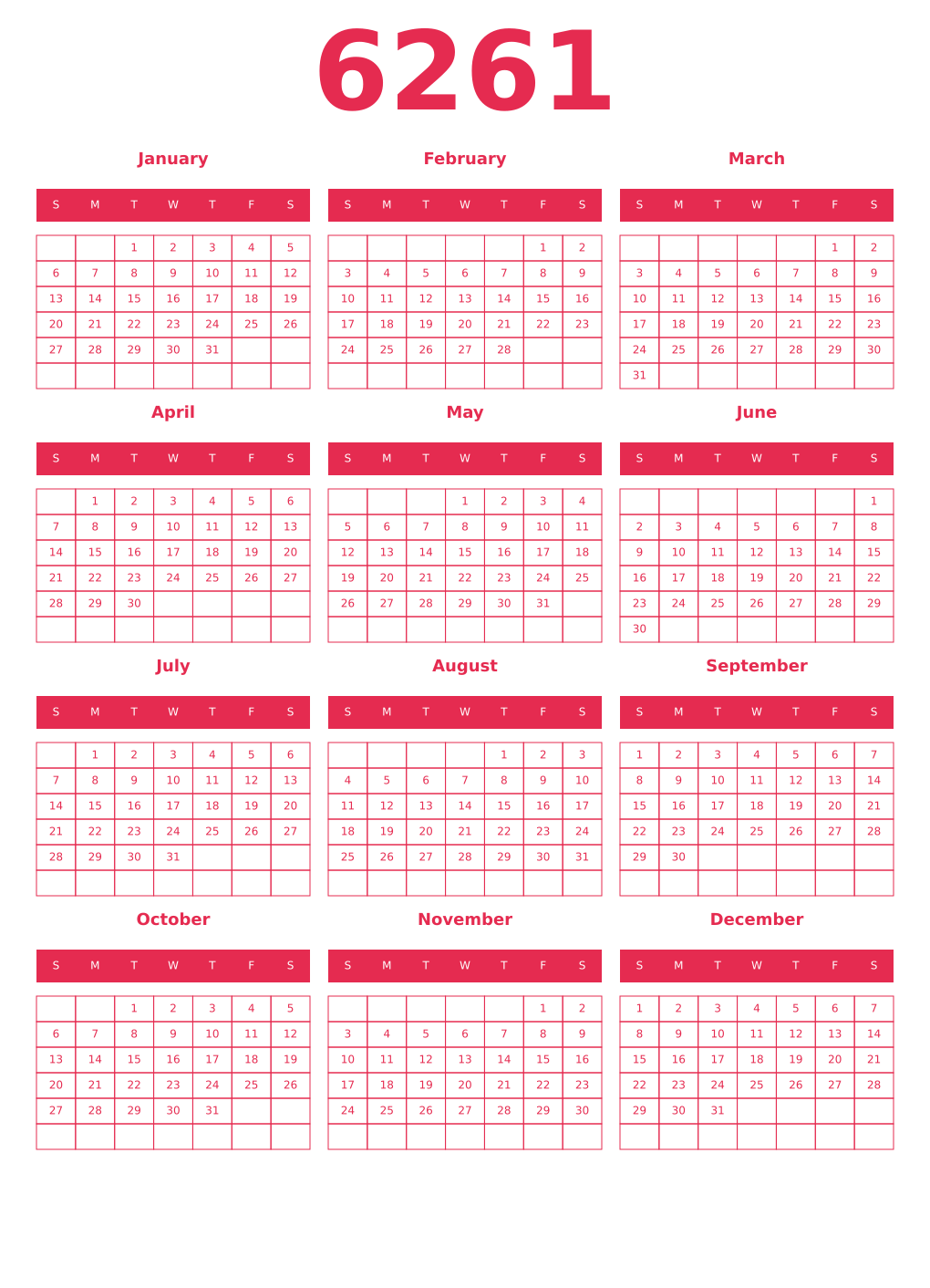Printable 6261 Year Calendars amaranth