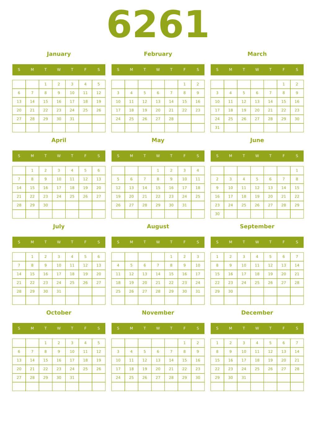 Printable 6261 Year Calendars chartreuse