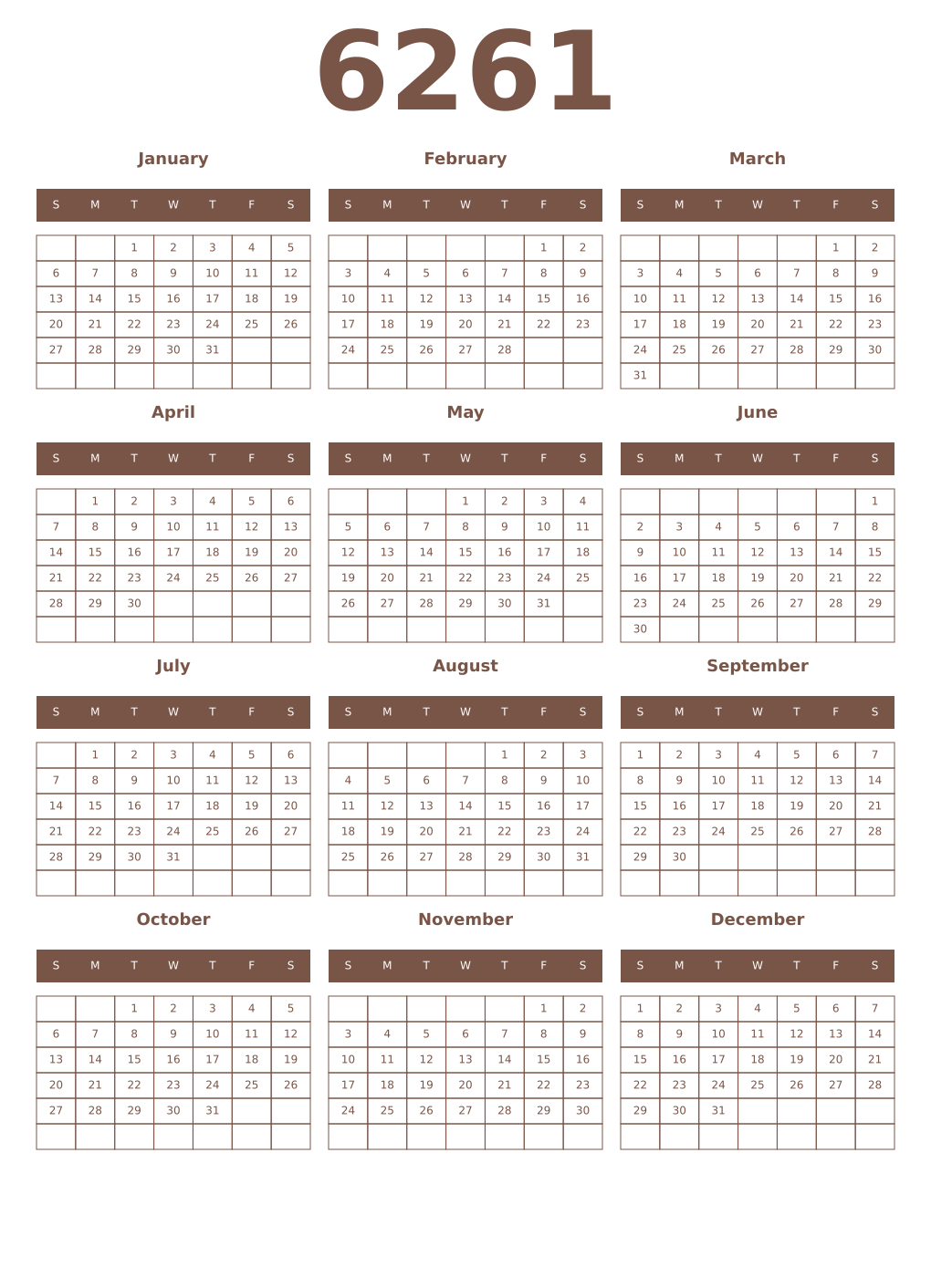 Printable 6261 Year Calendars coffe