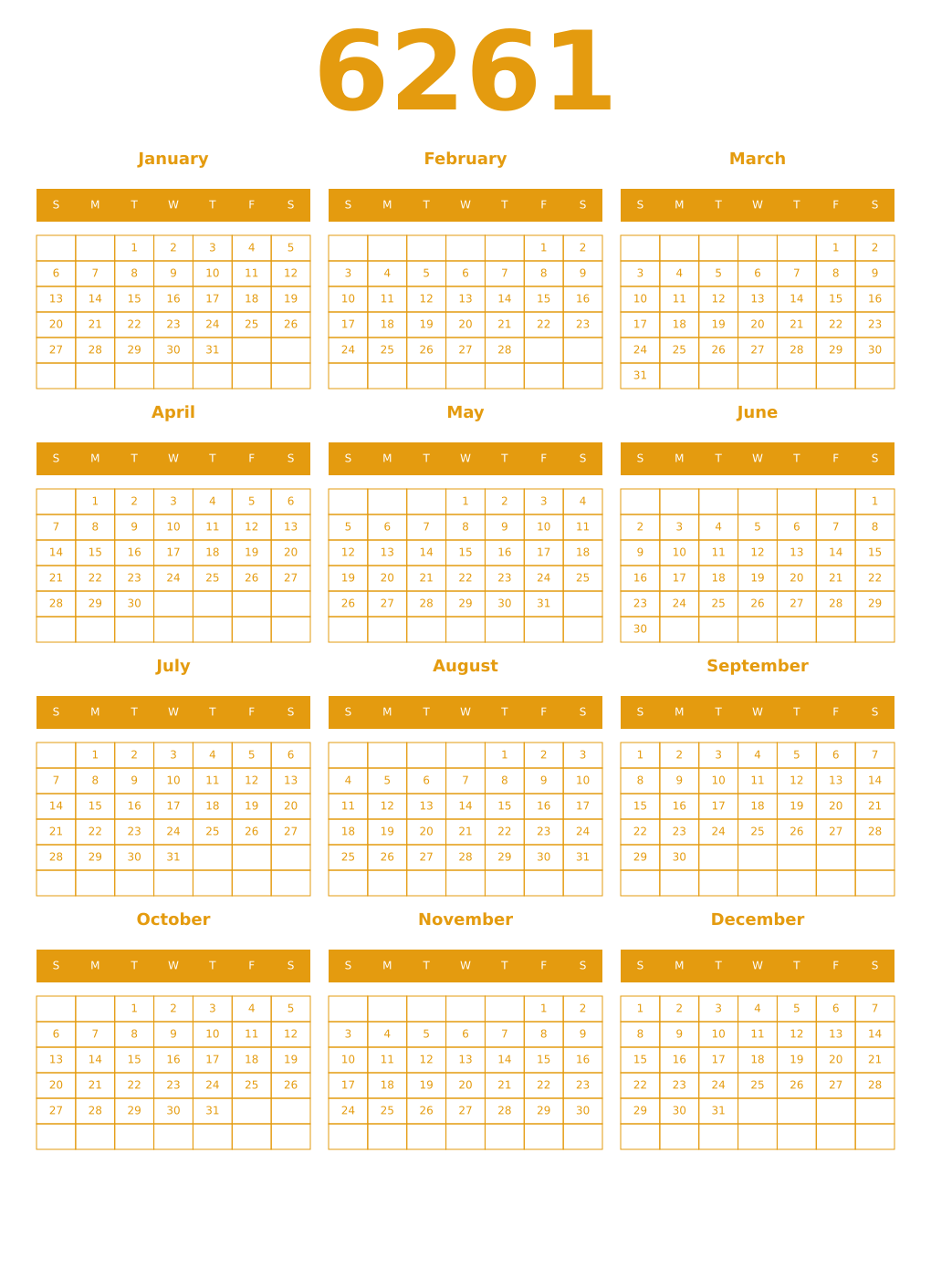 Printable 6261 Year Calendars gamboge