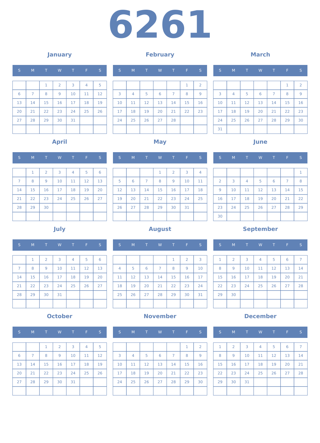Printable 6261 Year Calendars glaucous